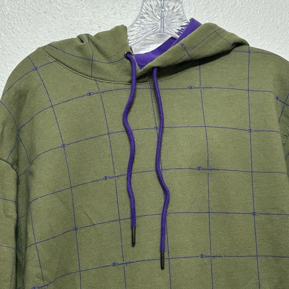 Champion Green and‎ Purple Plaid Power Blend Hoodie Pullover Mens Size M Grunge